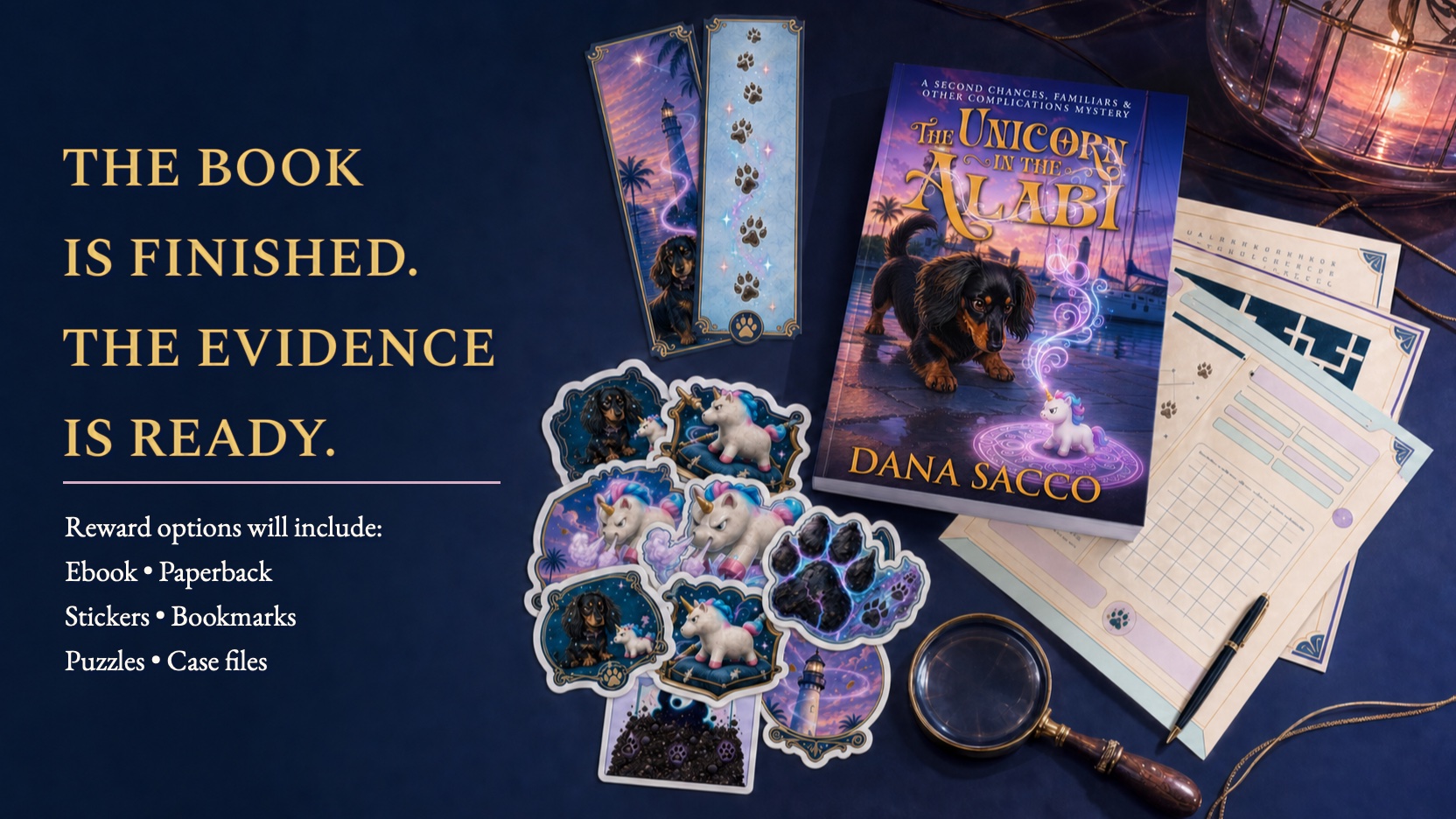 The Unicorn in the Alibi book surrounded by bookmarks, stickers, puzzles, and case files
