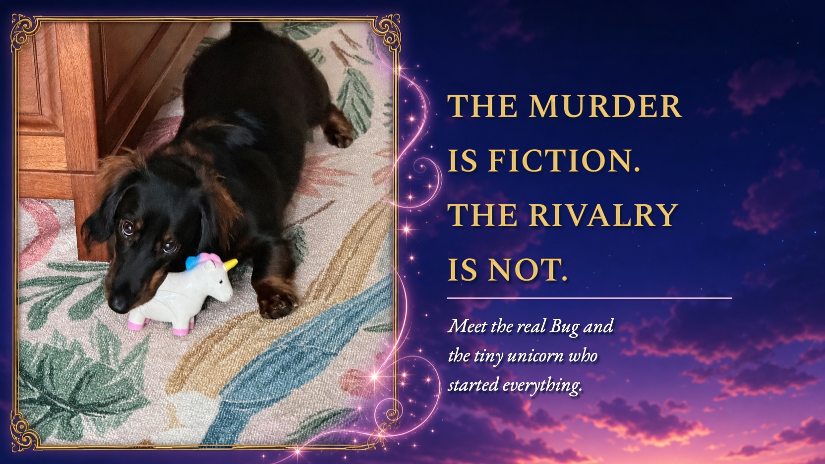 The real Bug, a black-and-tan long-haired dachshund, holding a small white unicorn toy